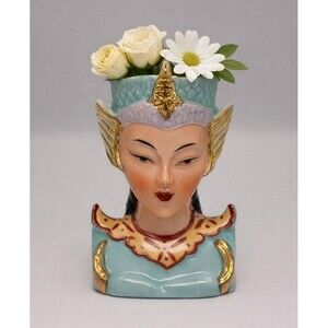 Vintage Asian Lady Head Mini Vase Celadon Jade Gold Japan Mid Century Japan 1950